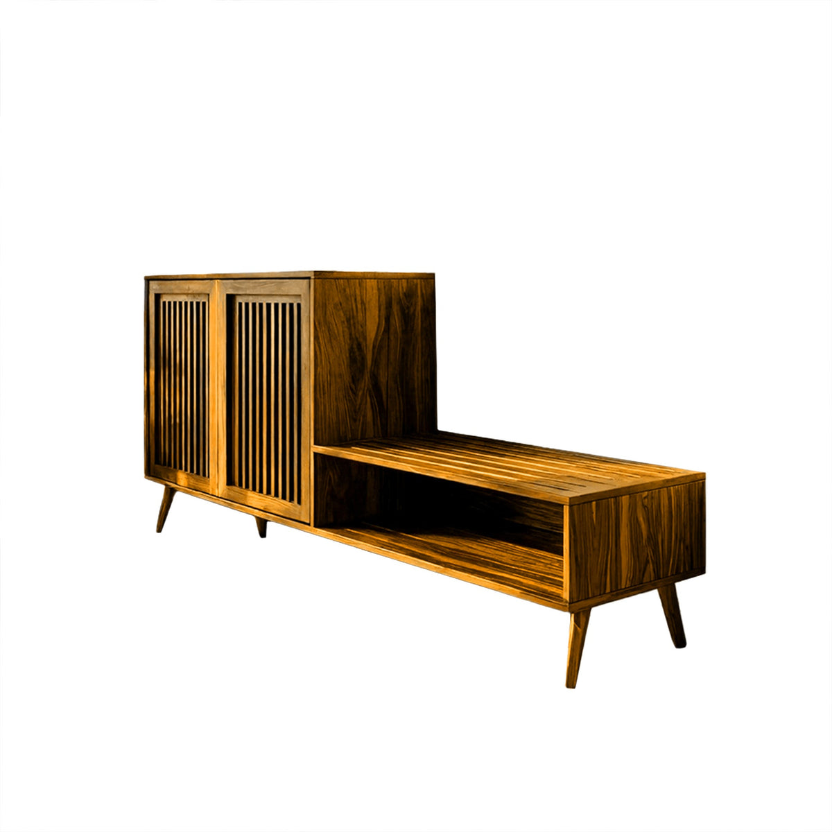 Solid Wood Entryway Bench and Shoe Rack with Slatted Low Cabinet in Teak finish
