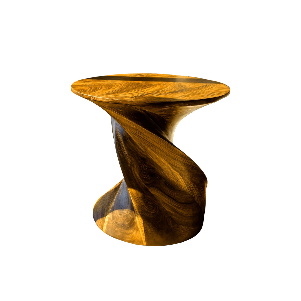 Twisted Pedestal Solid Wood Side Table with Round Top in Teak finish