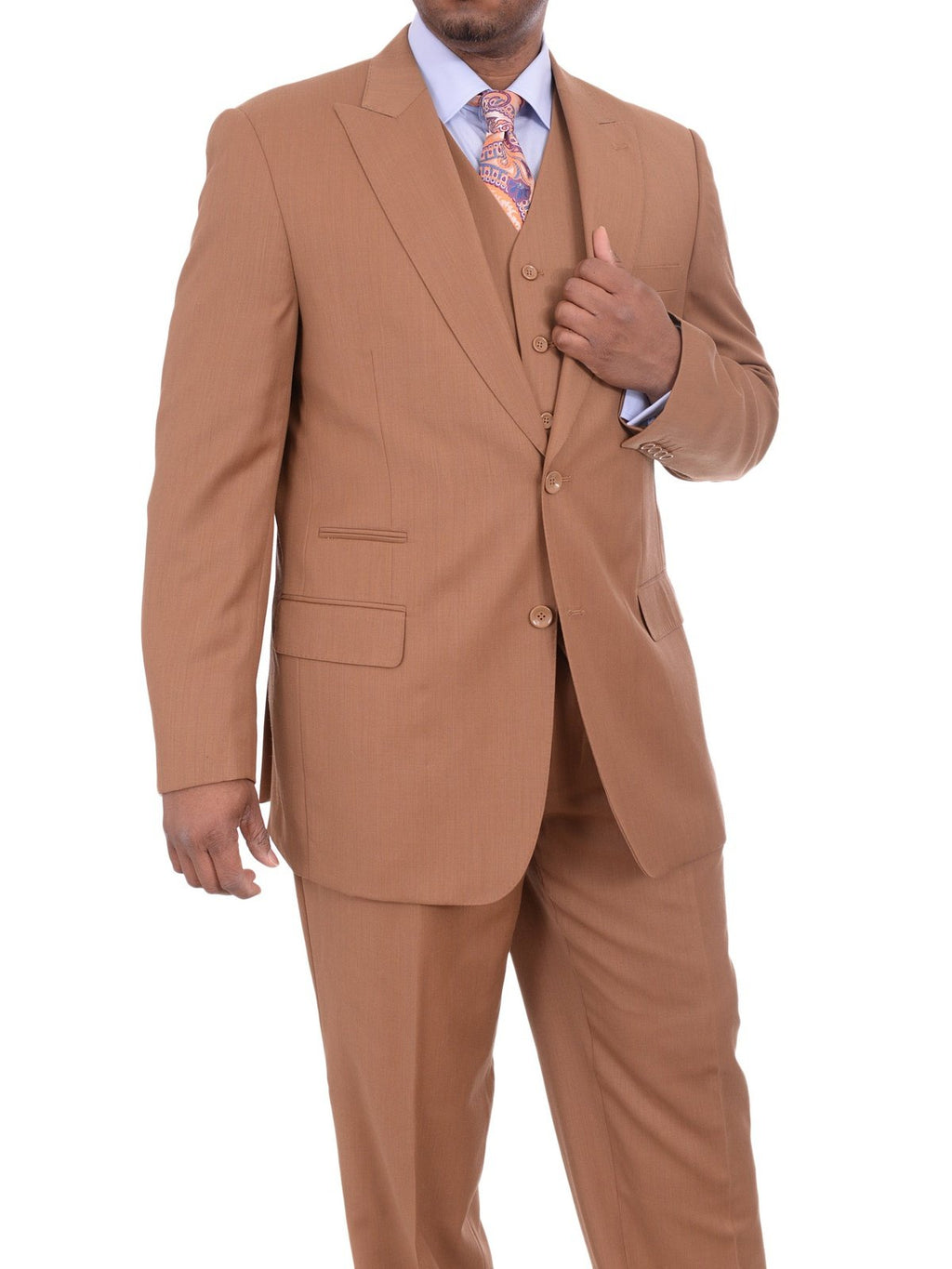 Men's Solid Brown 3-Piece Wool Suit Peak Lapel