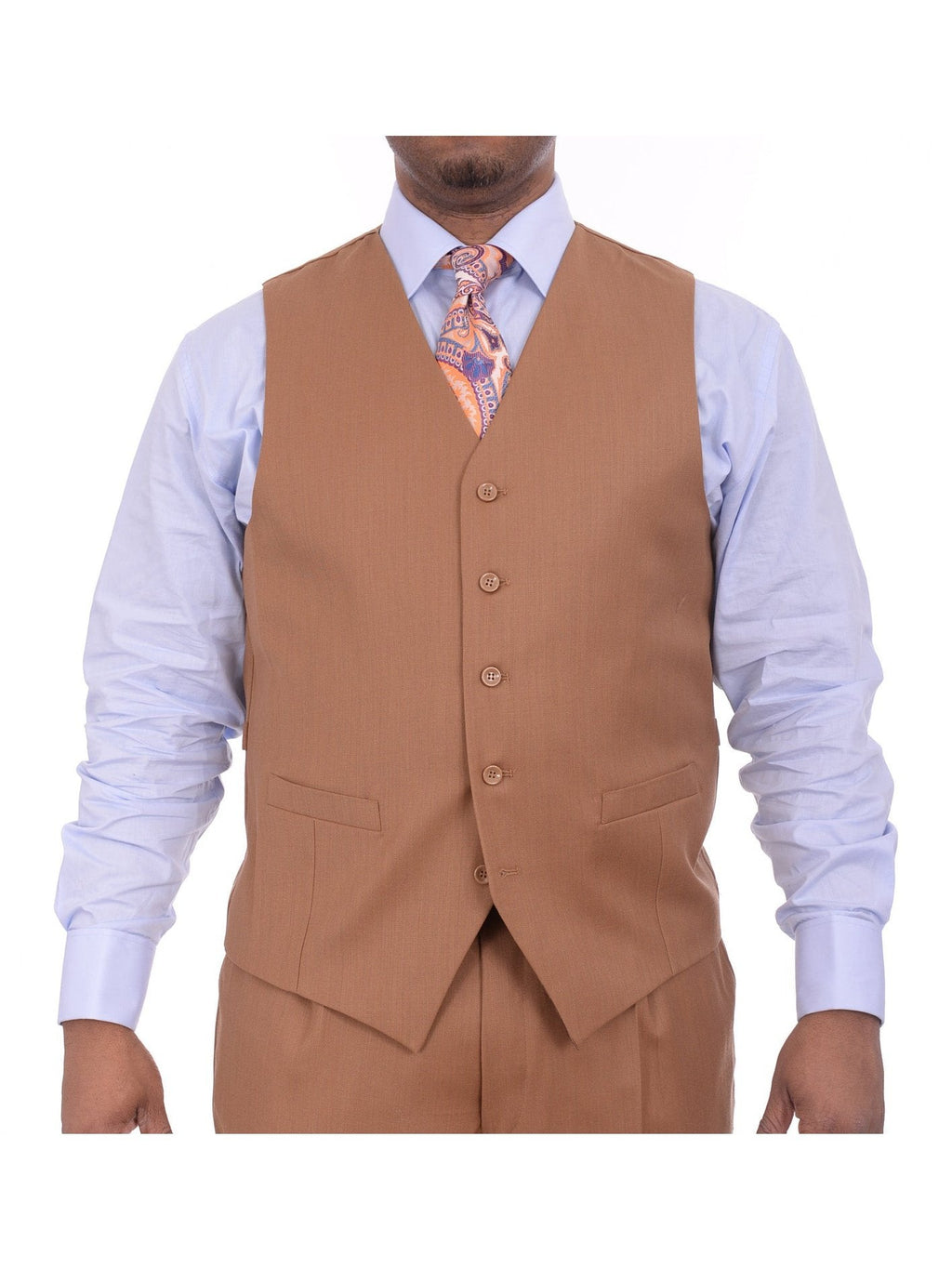 Men's Solid Brown 3-Piece Wool Suit Peak Lapel