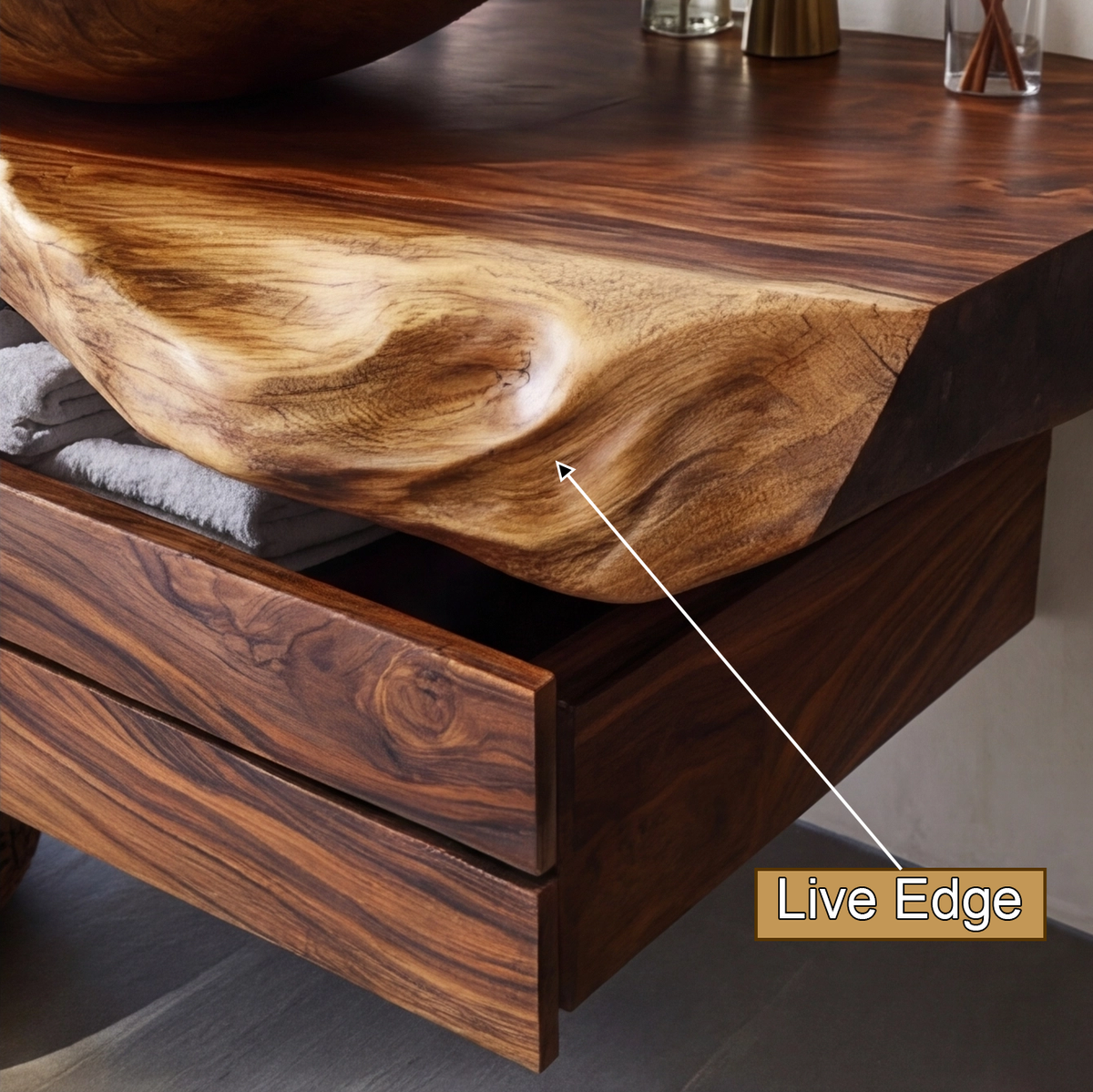 Live Edge Floating Bathroom Vanity with Drawers and Wood Vessel Sink - view 4