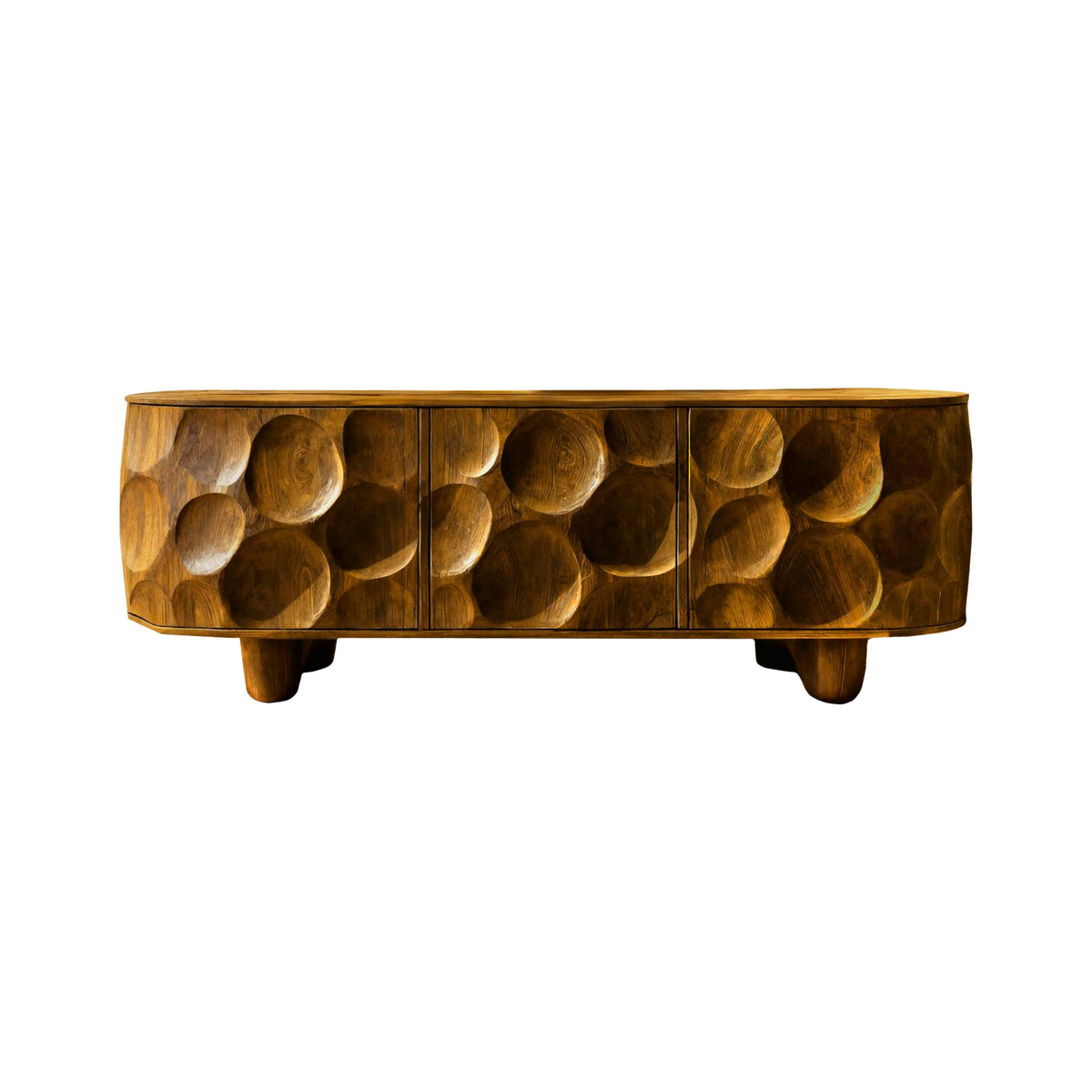 Sculpted Solid Walnut Sideboard Cabinet with Carved Concave Doors in Teak finish