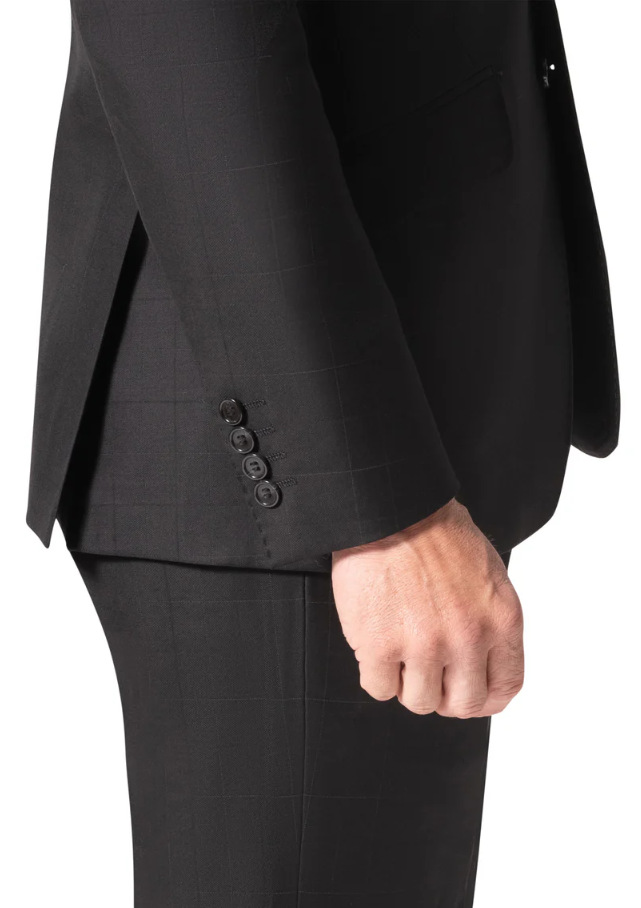 Men's Black Subtle Windowpane Modern Fit Wool 2-Button Suit
