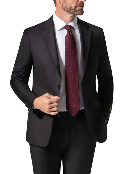 Men's Black Subtle Windowpane Modern Fit Wool 2-Button Suit