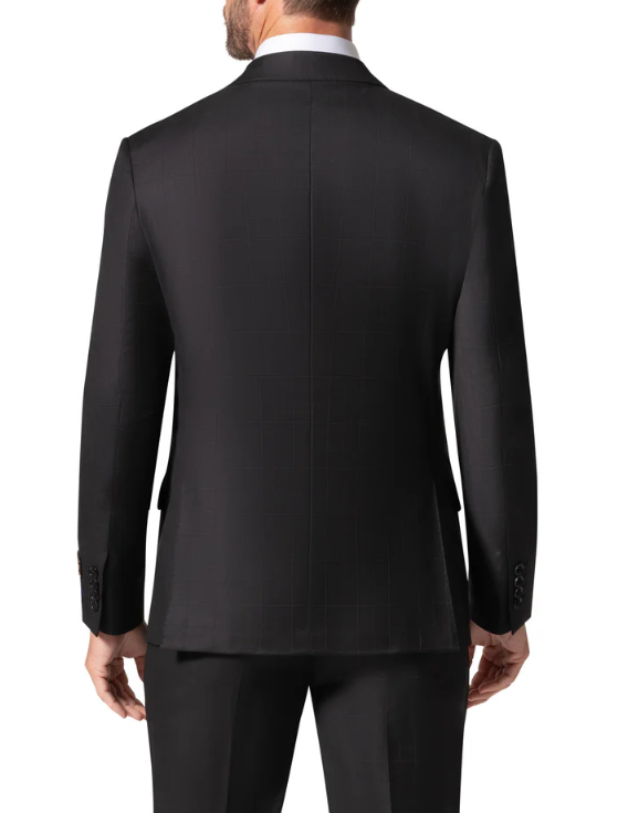 Men's Black Subtle Windowpane Modern Fit Wool 2-Button Suit