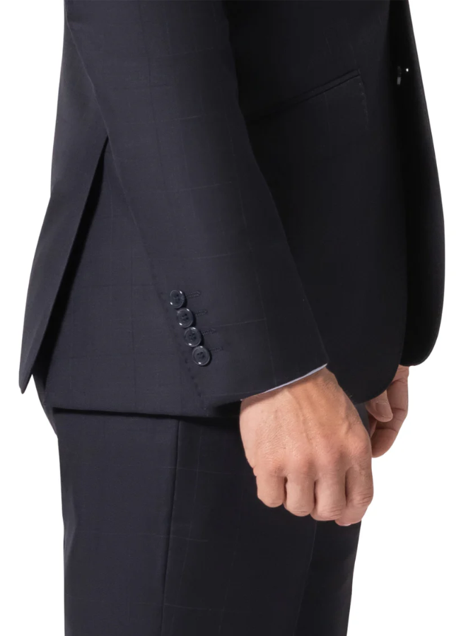 Men's Navy Subtle Windowpane Modern Fit Notch Lapel Wool 2-Button Suit