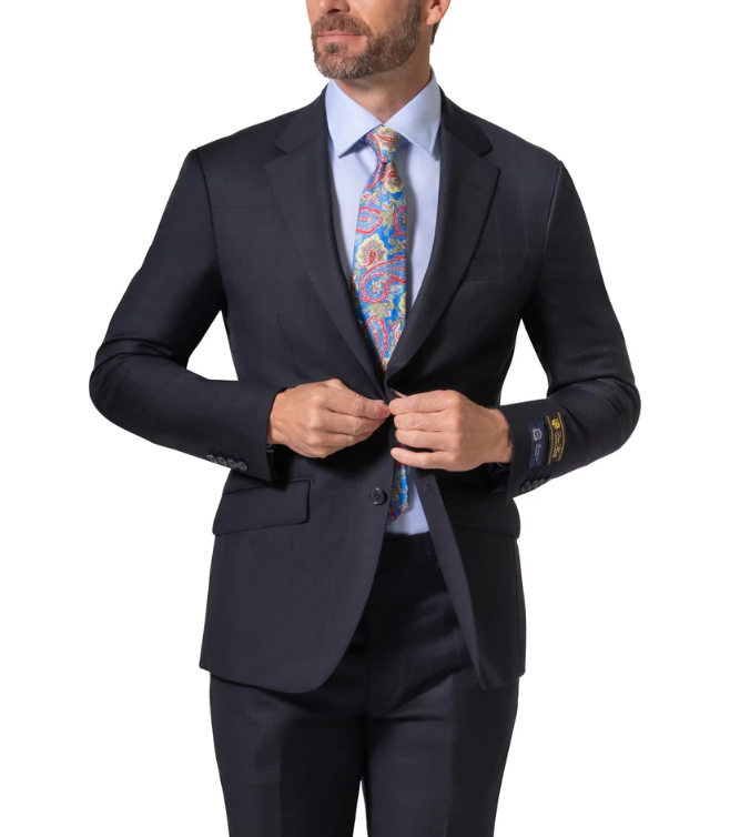 Men's Navy Subtle Windowpane Modern Fit Notch Lapel Wool 2-Button Suit
