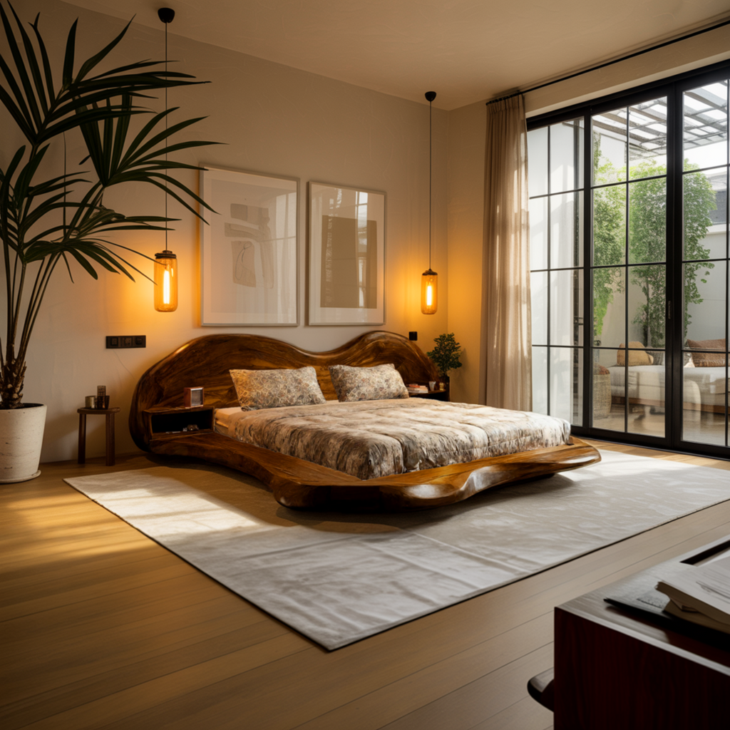 Solid Wood Wave Platform Bed Frame with Sculpted Headboard - view 4