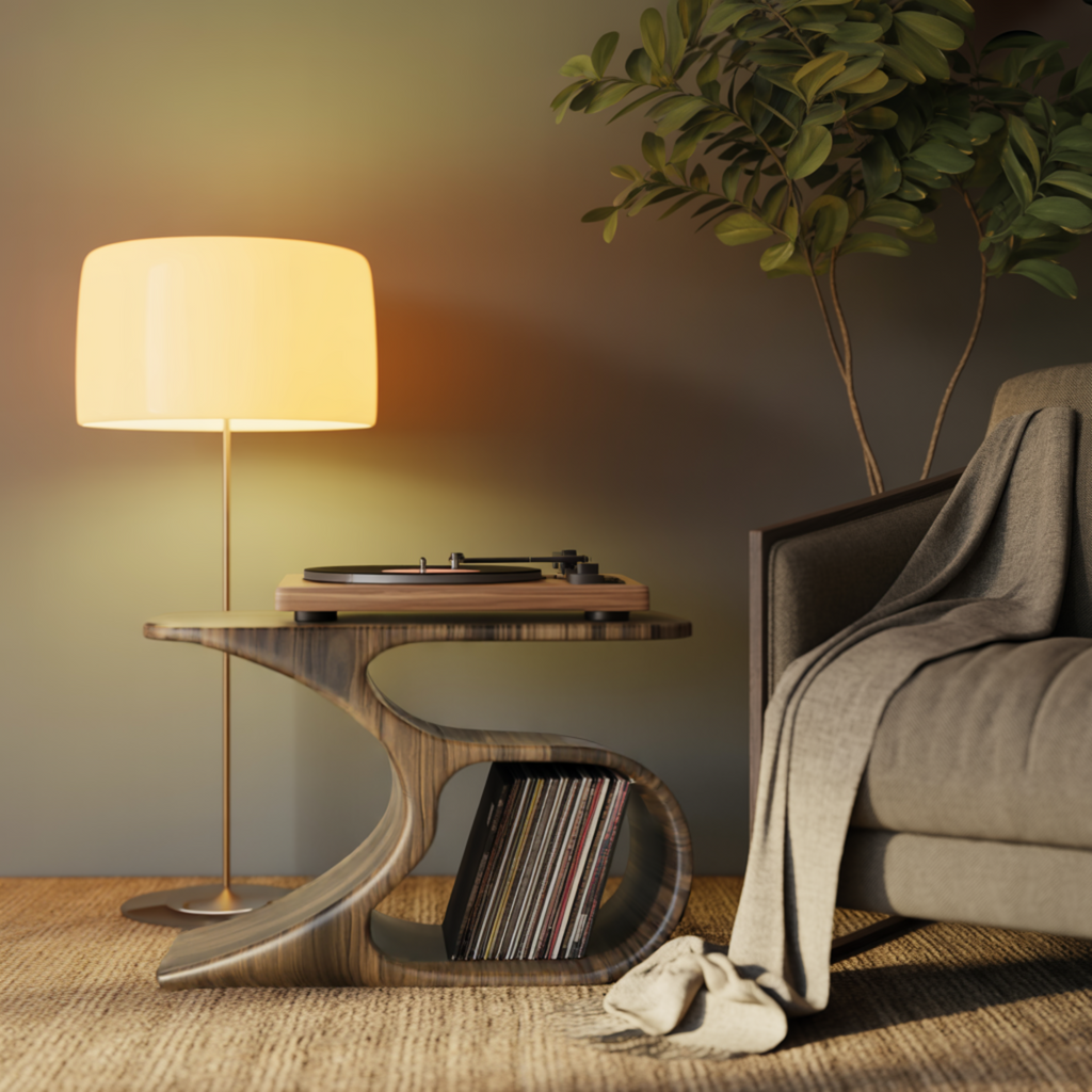 Sculpted Solid Wood Record Player Stand with Curved Vinyl Storage - view 2