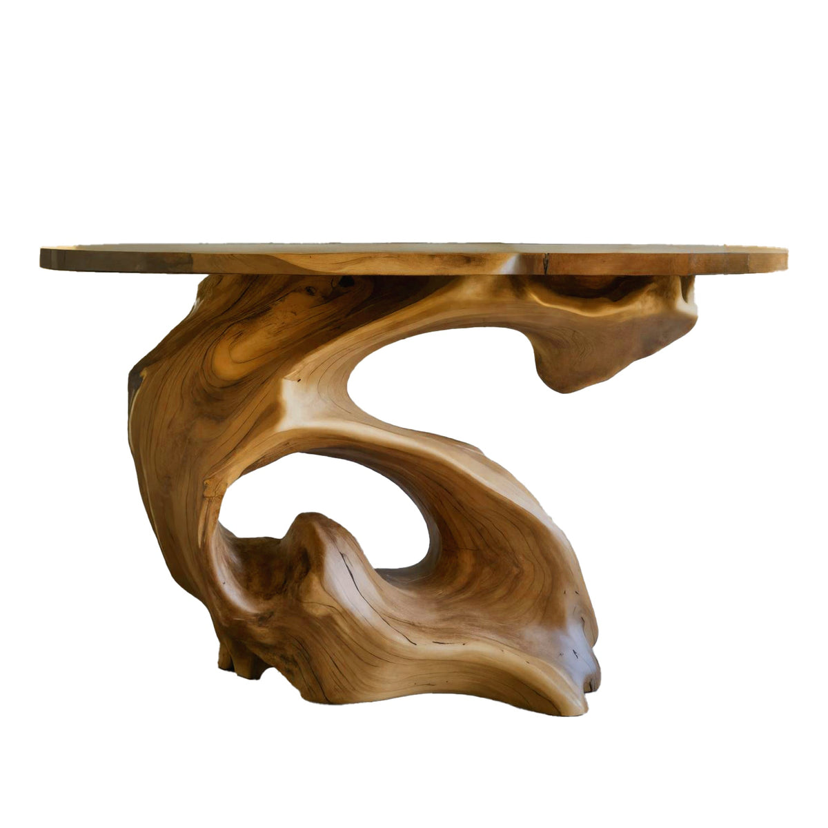 Live Edge Slab Console Table with Sculptural Solid Wood Base in Teak finish