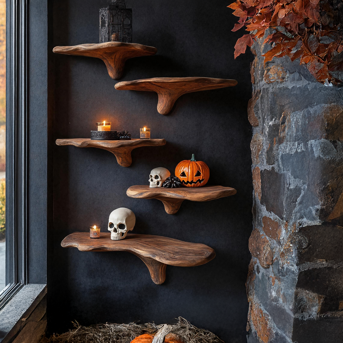 Live Edge Solid Wood Mushroom Floating Shelf, Mid-Century Style