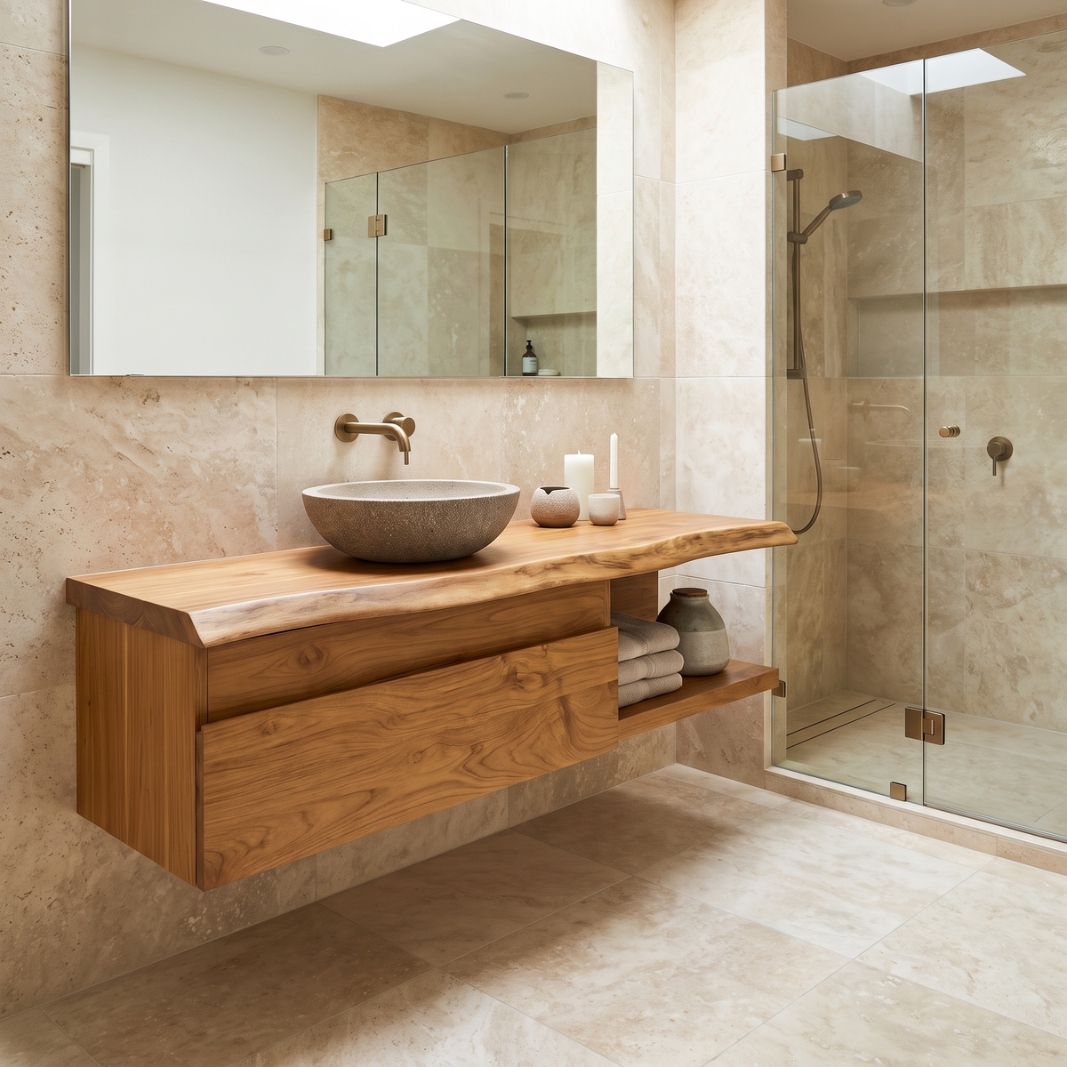 Floating Live Edge Hardwood Vanity with Drawers and Open Shelf in Teak finish