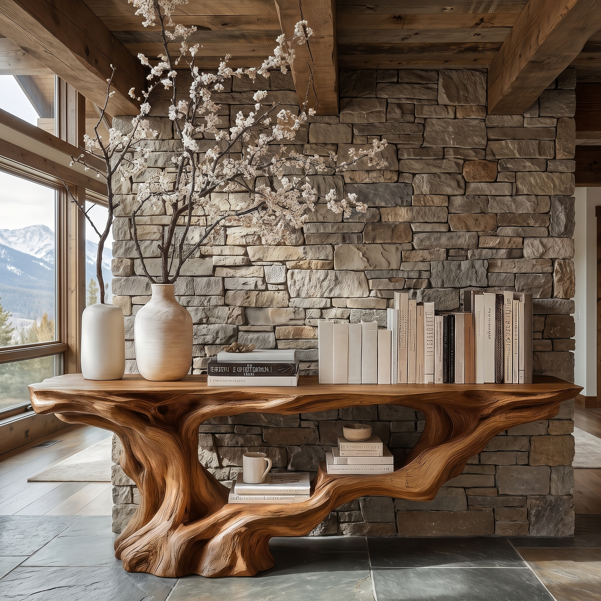 Solid Wood Console Table with Root-Inspired Sculpted Open Base in Brown finish