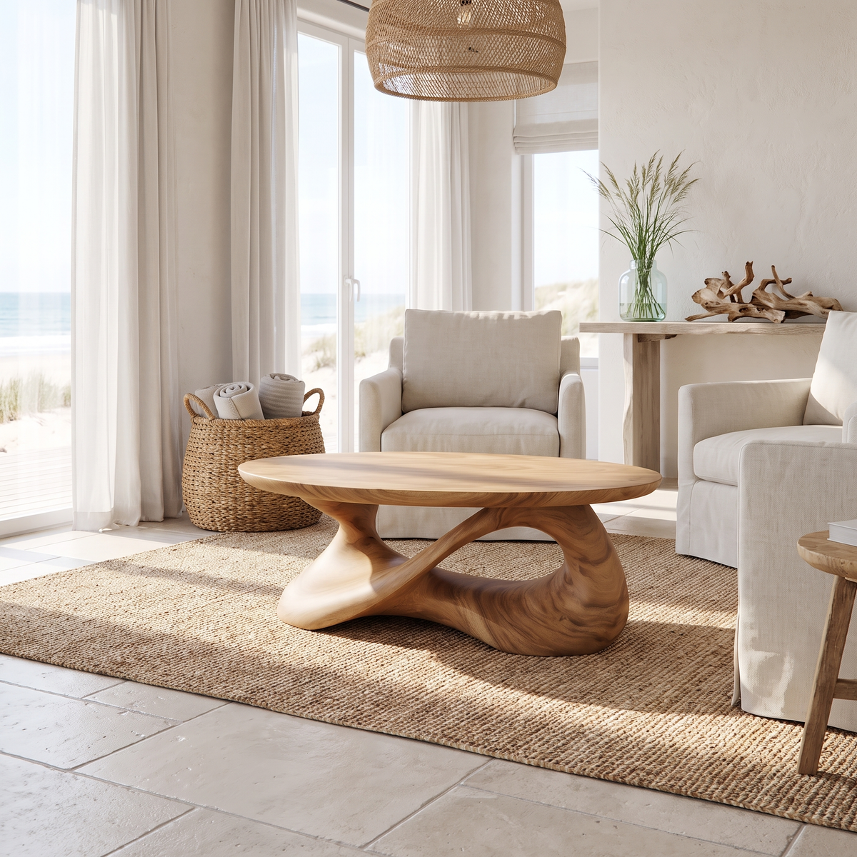 Round Sculpted Solid Wood Coffee Table with Pedestal Base in Natural Oak finish