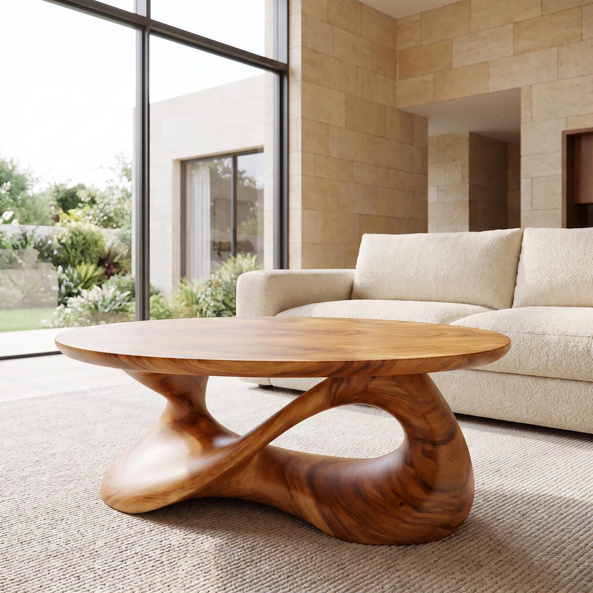 Round Sculpted Solid Wood Coffee Table with Pedestal Base in Teak finish