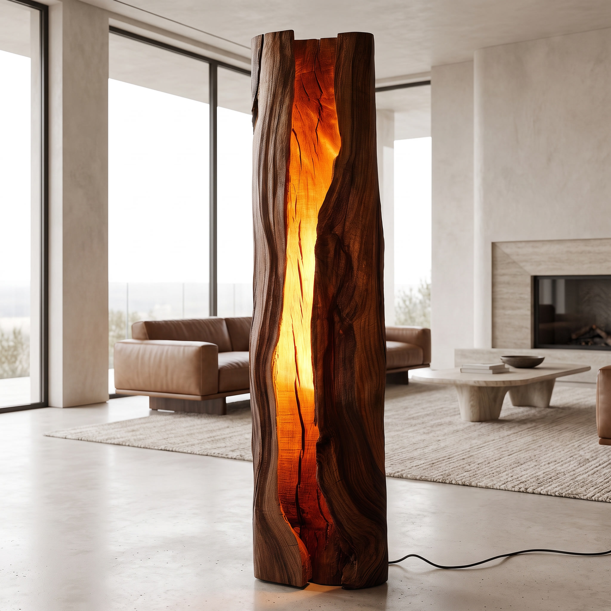 Live Edge Solid Wood Floor Lamp with Integrated LED Center Split in Dark Walnut finish
