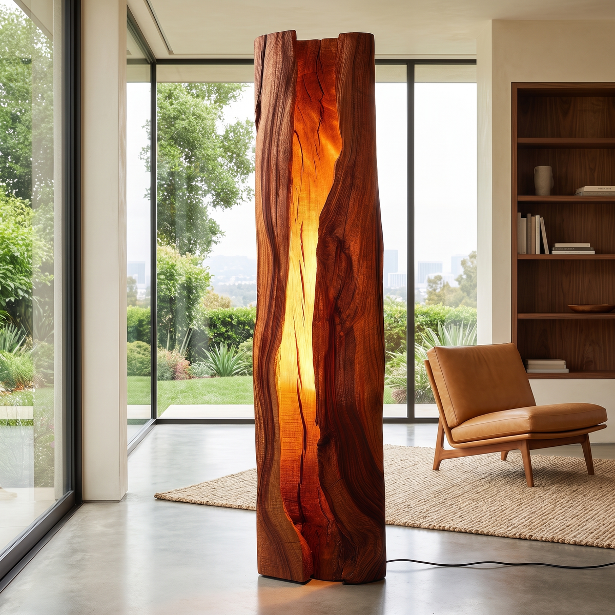 Live Edge Solid Wood Floor Lamp with Integrated LED Center Split in Mahogany finish