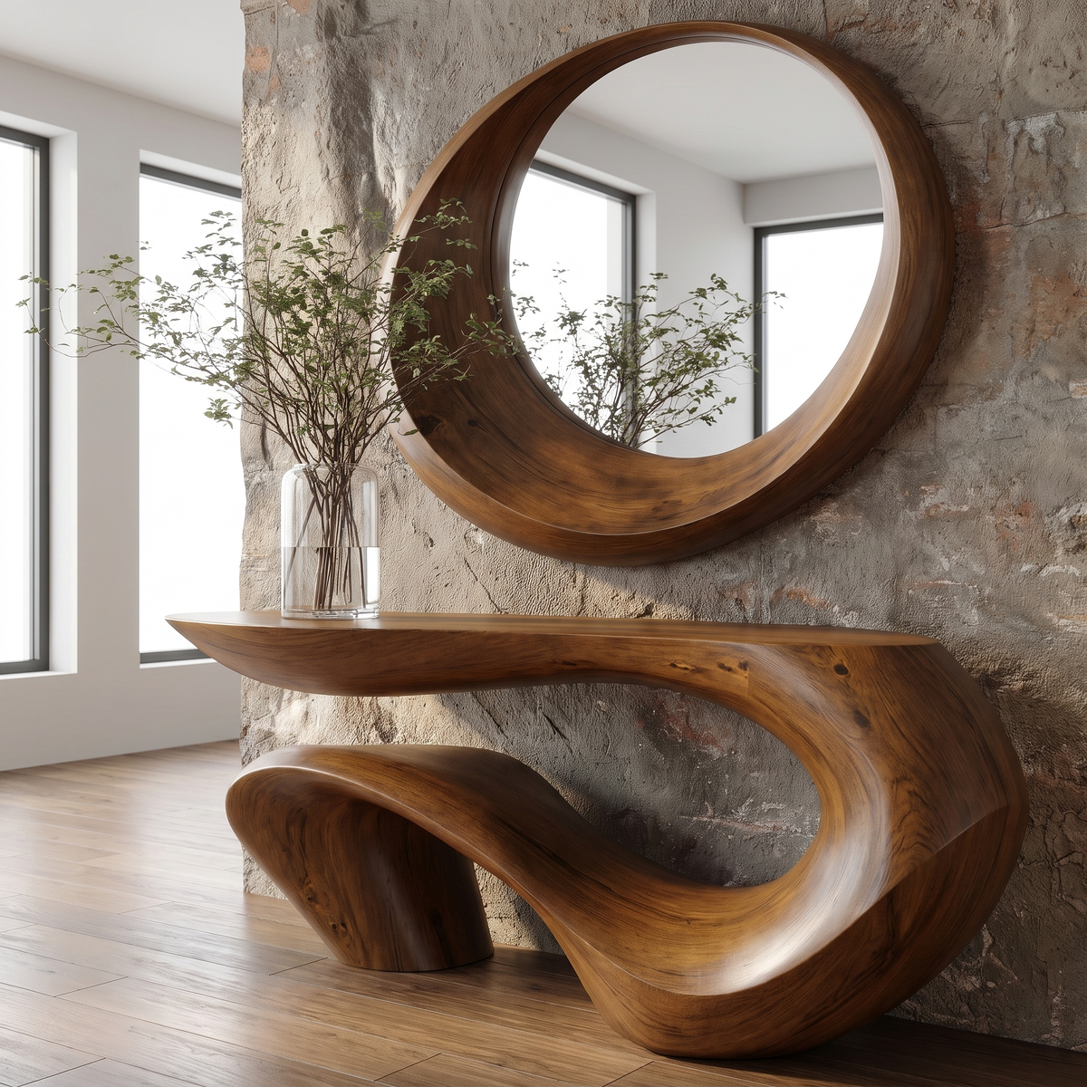 Sculpted Solid Wood Console Table with Wave Asymmetrical Base in Brown finish