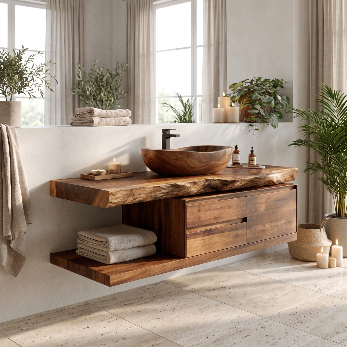 Live Edge Solid Wood Floating Vanity with Soft-Close Drawers in Brown finish