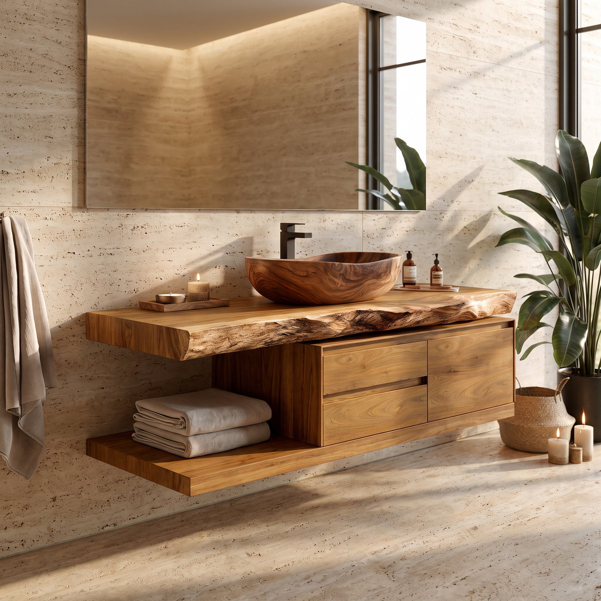 Live Edge Solid Wood Floating Vanity with Soft-Close Drawers in Teak finish
