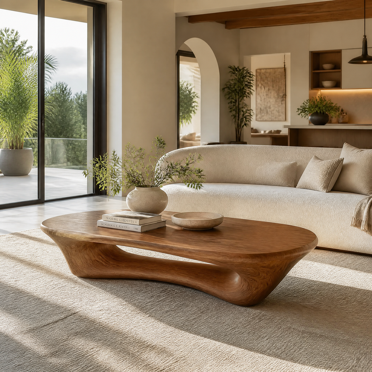 Sculpted Solid Wood Loop Base Coffee Table with Rounded Top in Brown finish