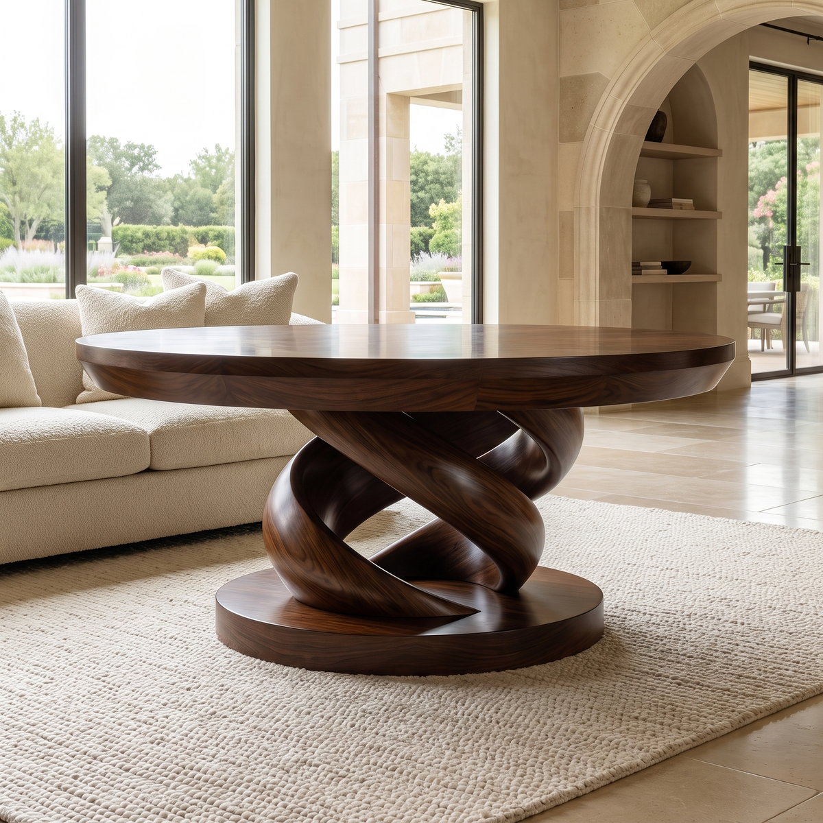 Round Solid Wood Coffee Table with Twisted Pedestal Base in Dark Walnut finish