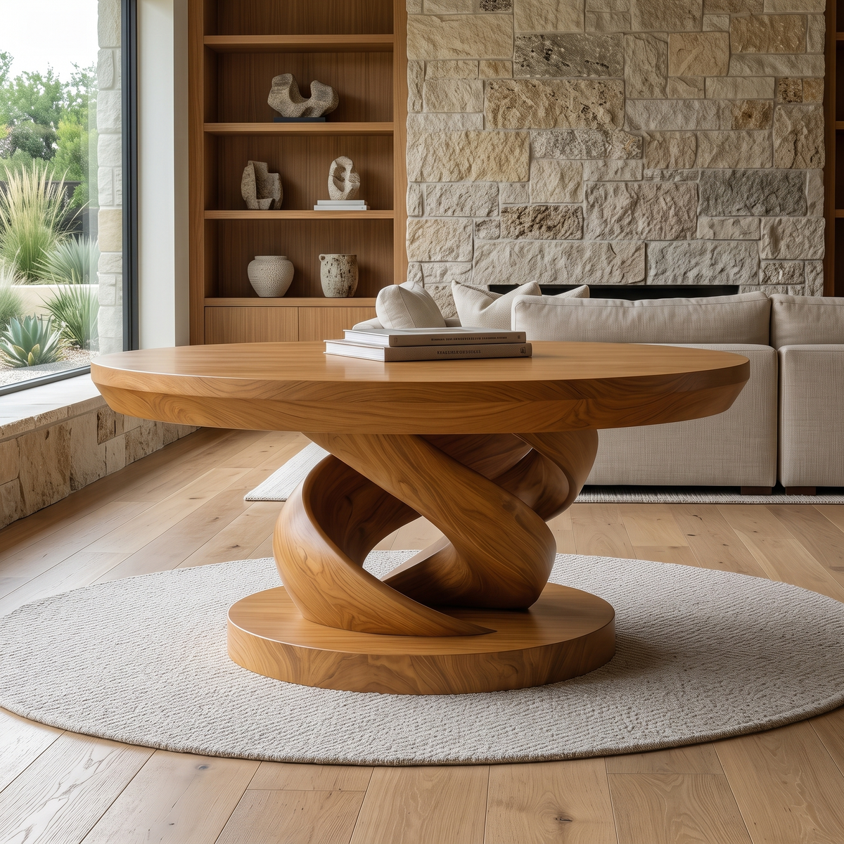 Round Solid Wood Coffee Table with Twisted Pedestal Base in Teak finish
