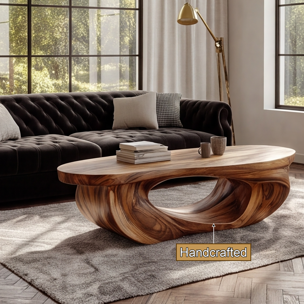 Low Sculpted Wood Coffee Table with Oval Loop Base - view 9