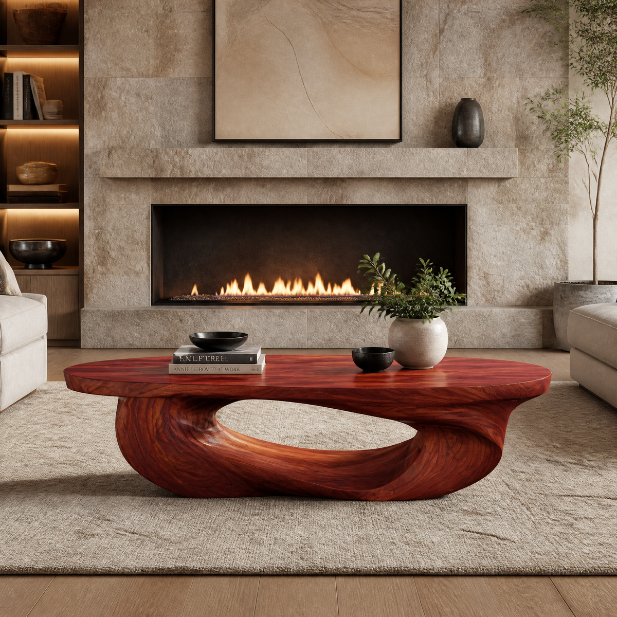Low Sculpted Wood Coffee Table with Oval Loop Base in Mahogany finish