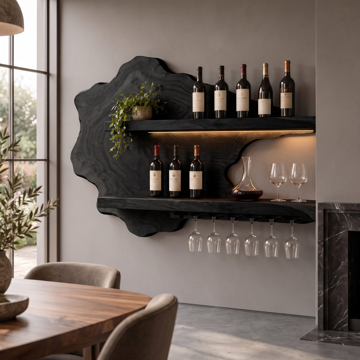 Live Edge Floating Wine Shelf with Back Panel and Stemware Rack in Black finish