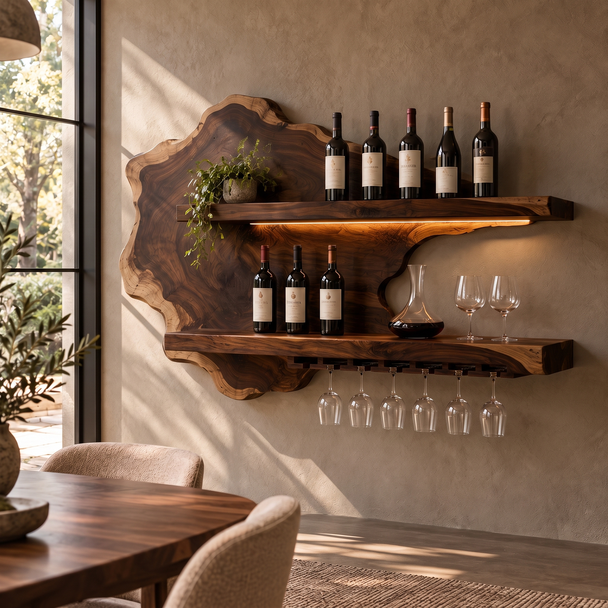 Live Edge Floating Wine Shelf with Back Panel and Stemware Rack in Dark Walnut finish