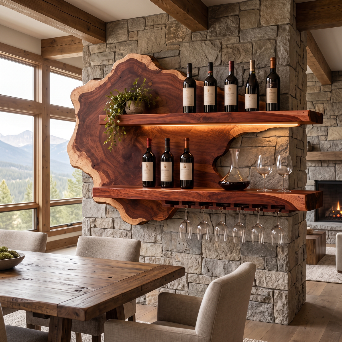 Live Edge Floating Wine Shelf with Back Panel and Stemware Rack in Mahogany finish