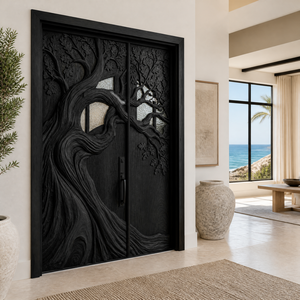 Sculpted Solid Wood Door with Carved Center Panel in Black finish