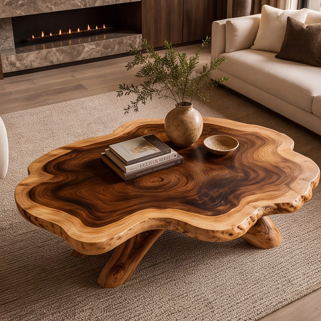 Solid Hardwood Coffee Table with Natural Edge Top and Arched Root Base - view 2