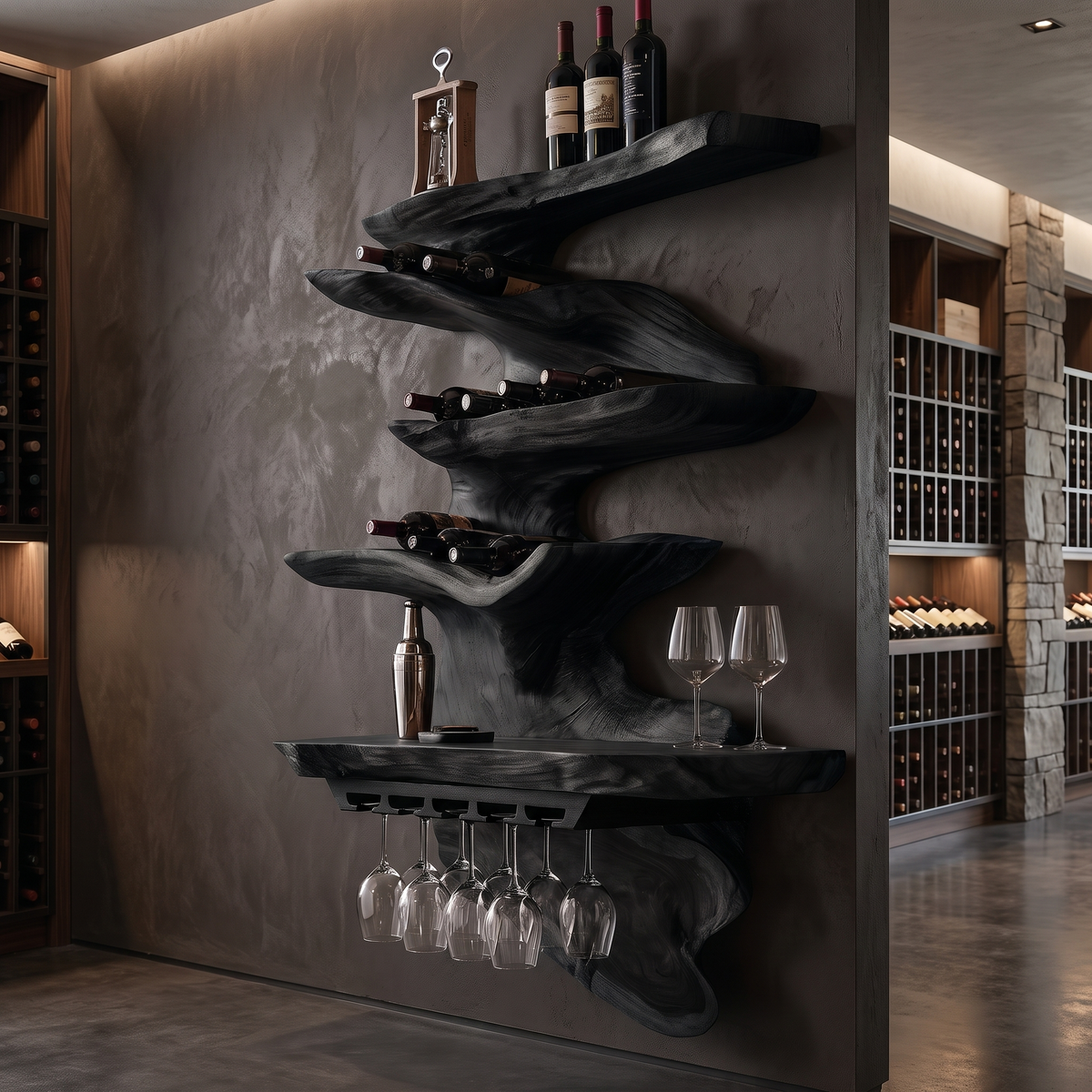 Live Edge Solid Wood Floating Wine Shelf in Stepped Tiers in Black finish