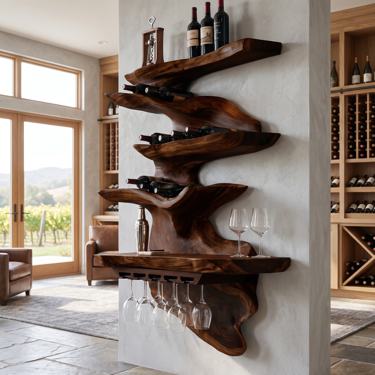 Live Edge Solid Wood Floating Wine Shelf in Stepped Tiers in Dark Walnut finish