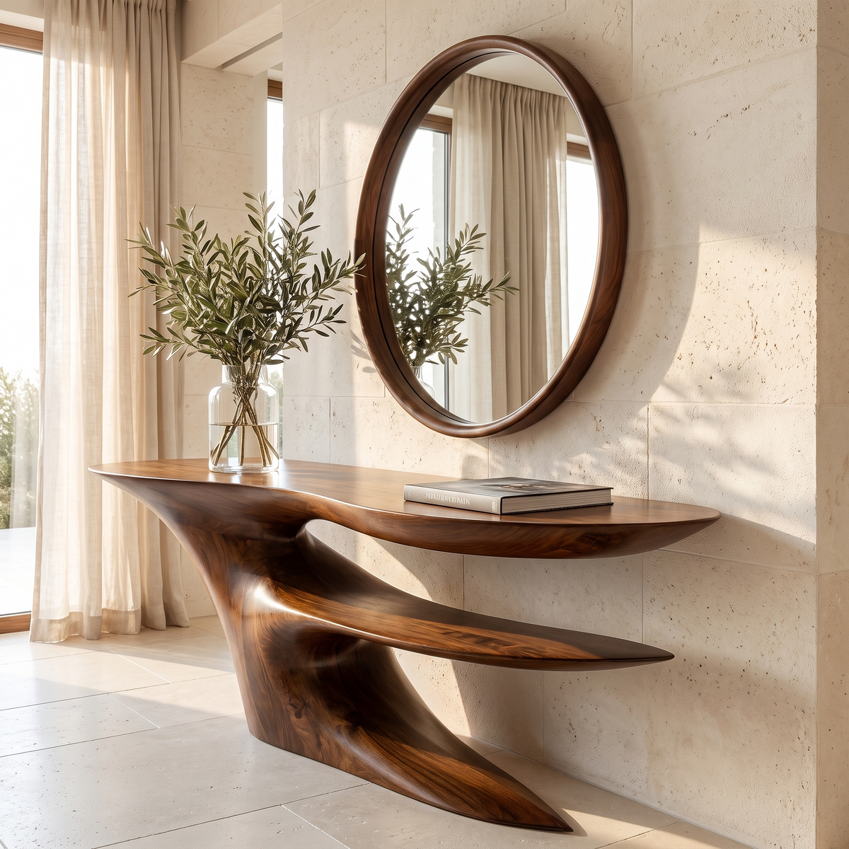 Cantilever Sculpted Solid Wood Console Table with Lower Shelf in Brown finish