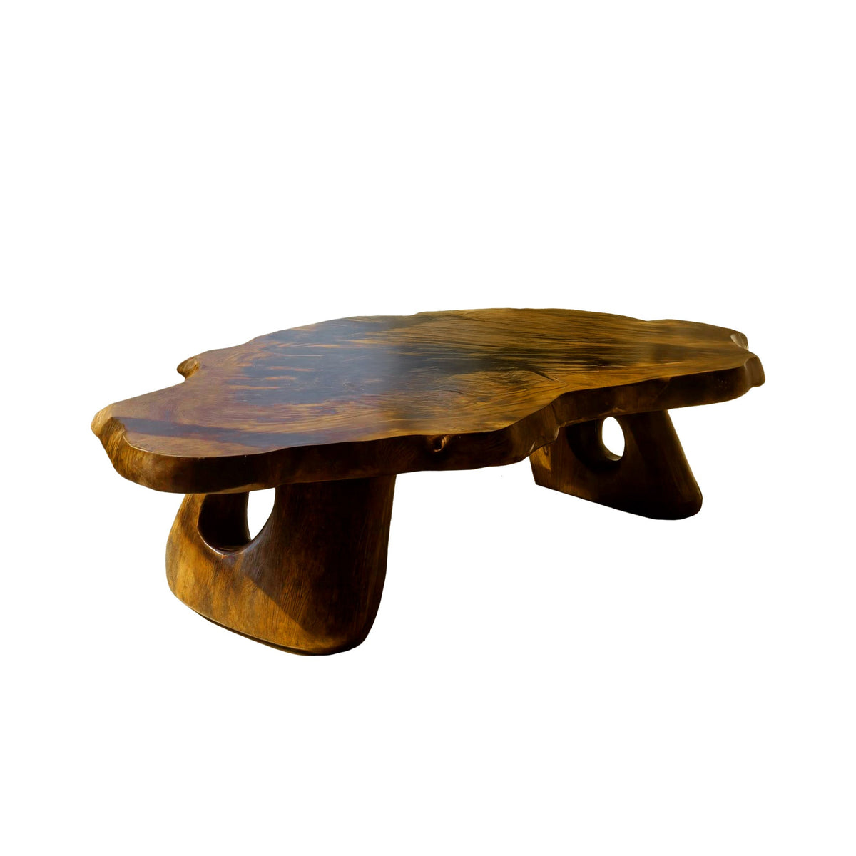 Sculpted Live Edge Coffee Table Carved from a Single Wood Slab in Teak finish