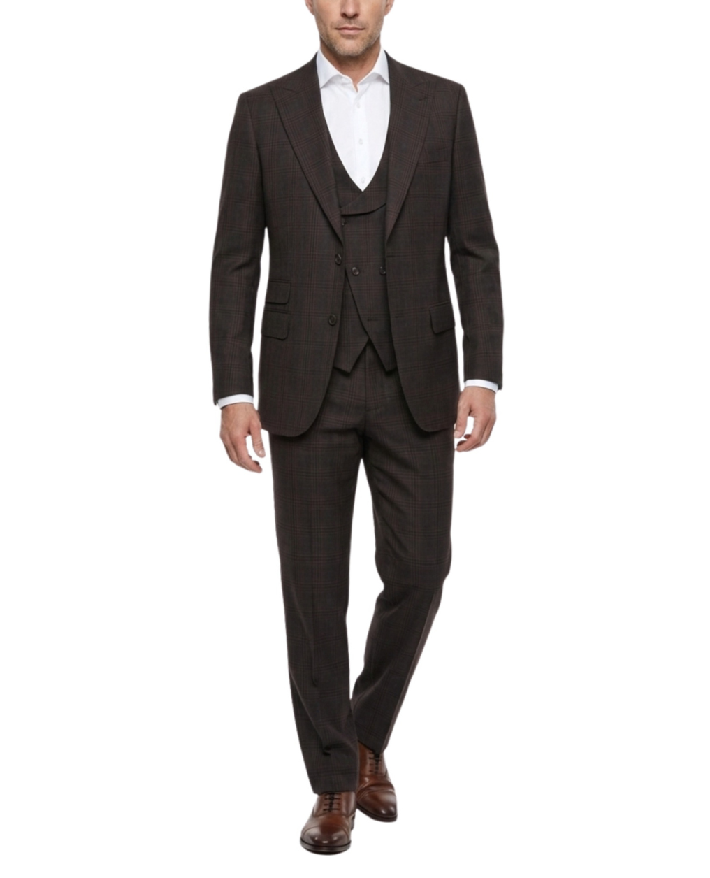 Men's Brown Windowpane Classic Fit Peak Lapel Wool 3-Piece Suit