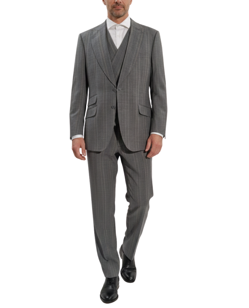 Men's Gray Stripe Classic Fit Peak Lapel Wool 3-Piece Suit