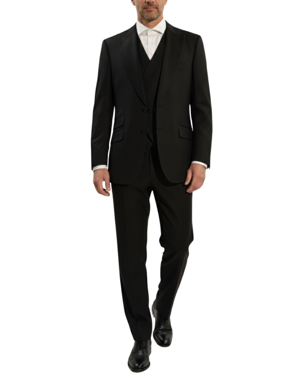 Men's Solid Black Classic Fit Peak Lapel Wool 3-Piece Suit