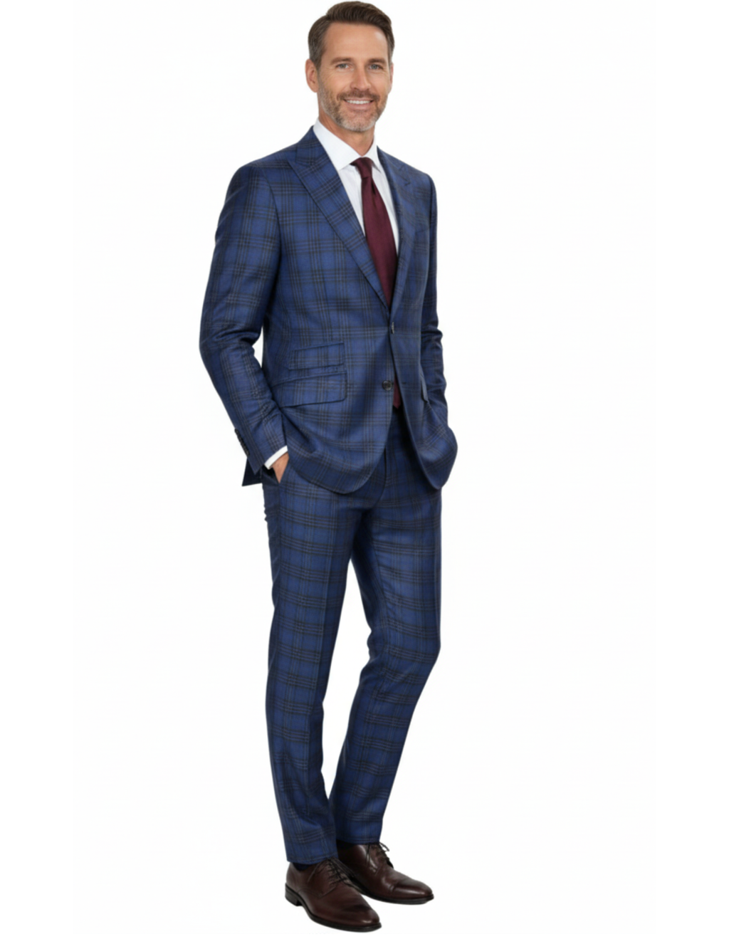 Men's Blue Burgundy Plaid Slim Fit Peak Lapel Wool 2-Button Suit