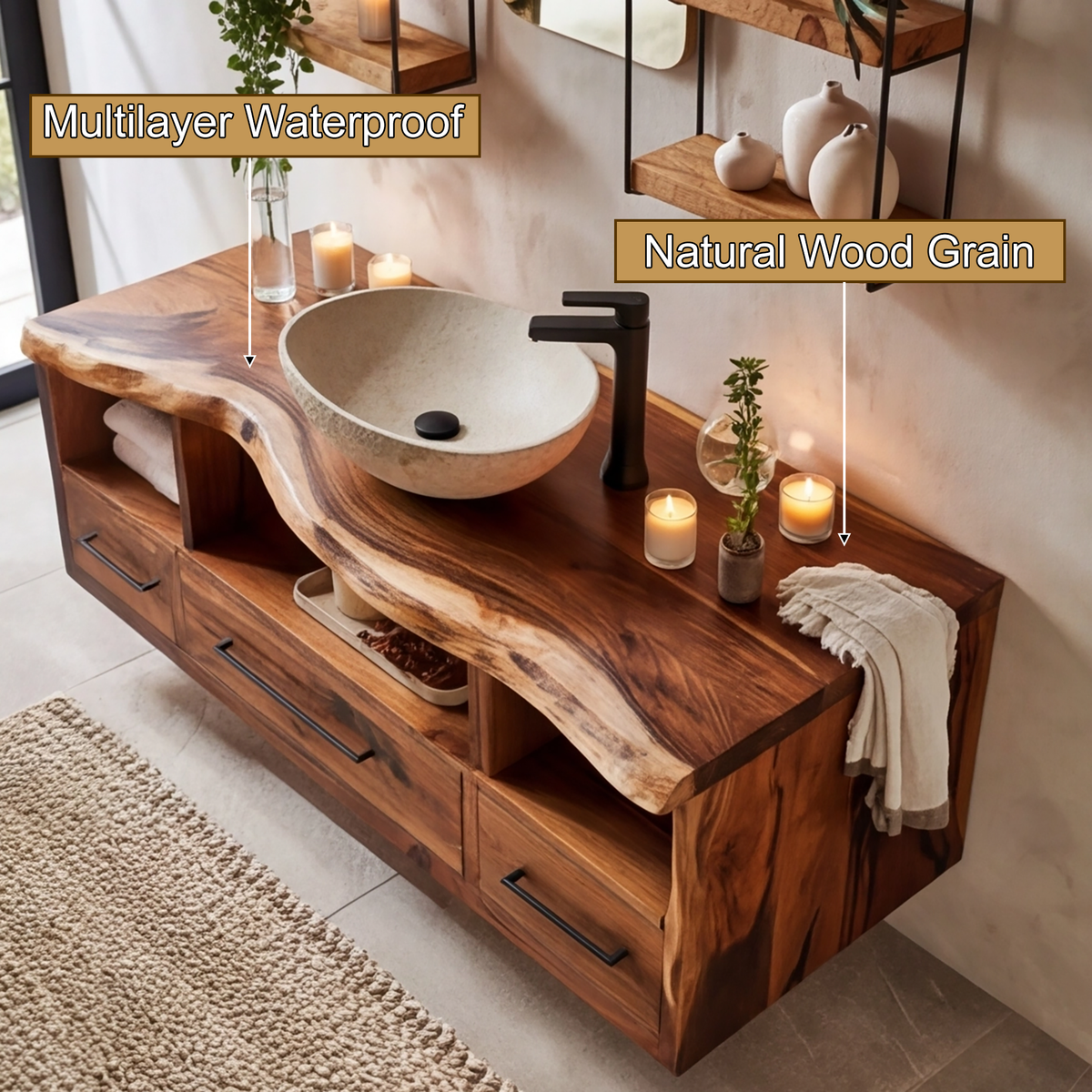 Live Edge Solid Wood Floating Bathroom Vanity with Drawers - view 4