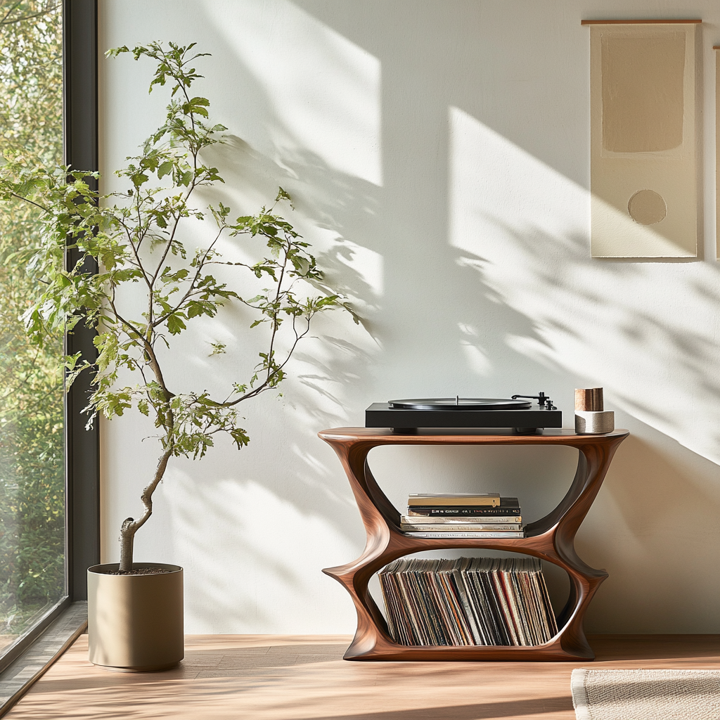Solid Wood Open Frame Record Player Stand with Two Vinyl Cubbies