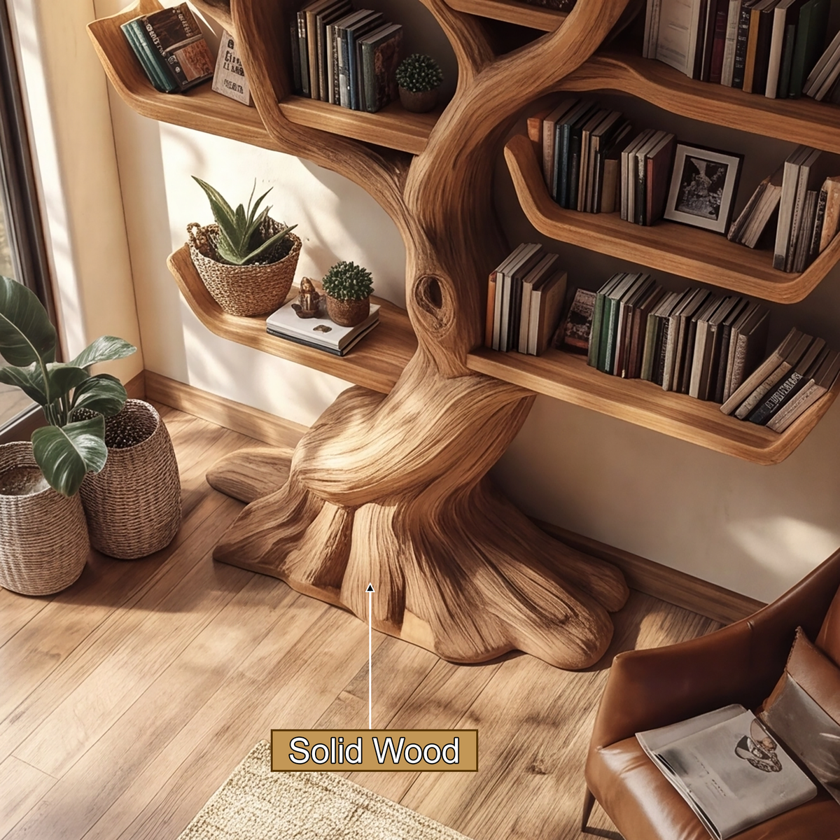 Solid Hardwood Tree Bookshelf with Carved Canopy and Root Base - view 12