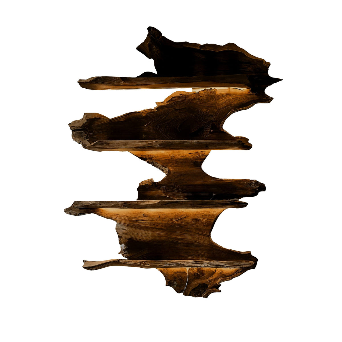 Live Edge Floating Wine Rack with Stacked Solid Slab Tiers in Teak finish