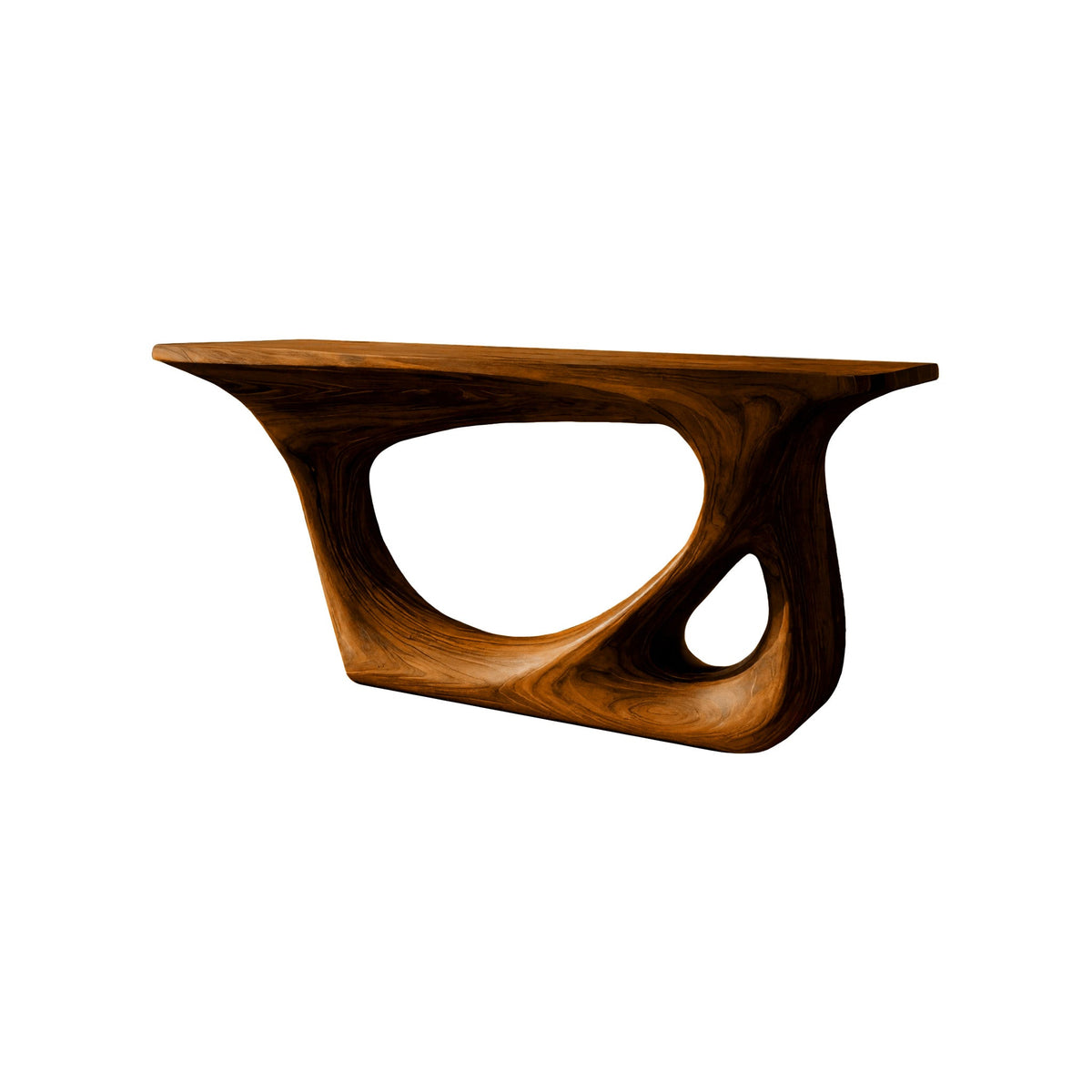 Sculpted Solid Wood Console Table with Carved Organic Voids in Brown finish