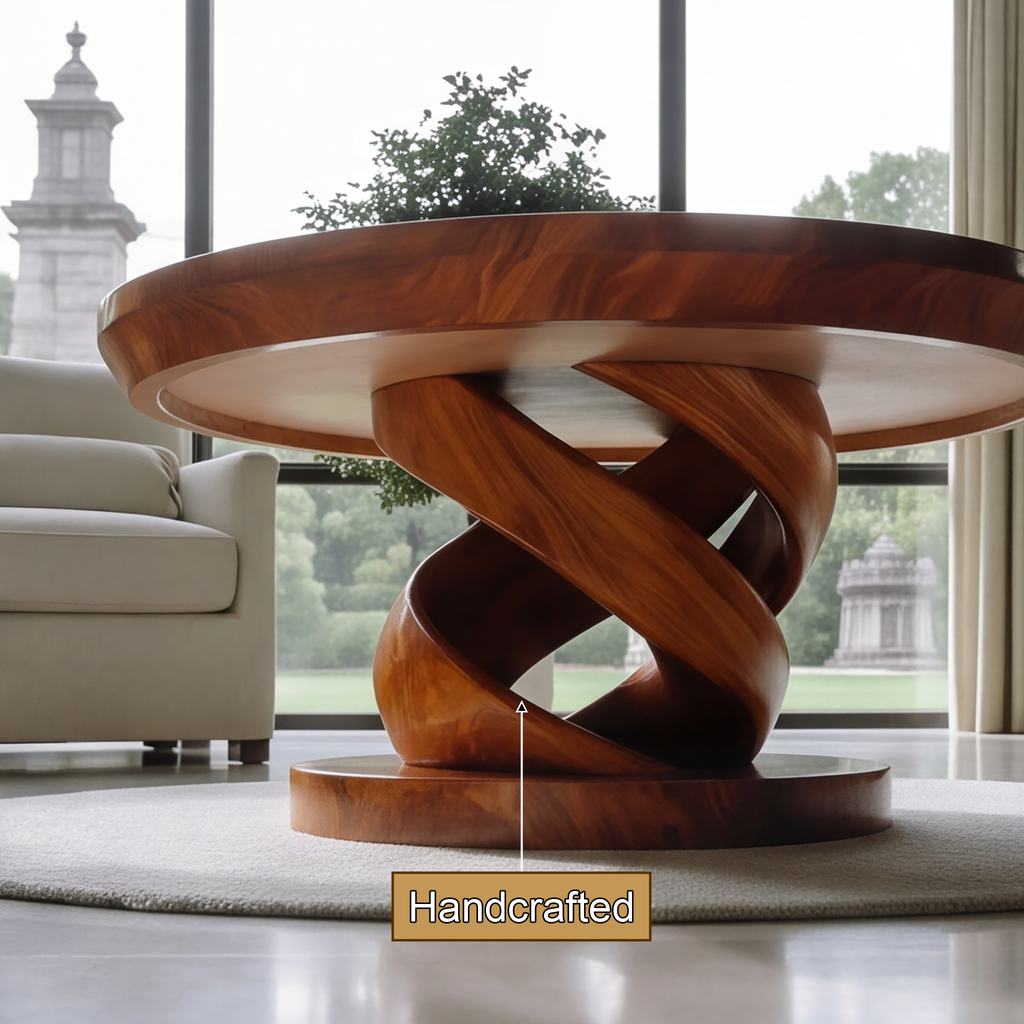 Round Solid Wood Coffee Table with Twisted Pedestal Base - view 10
