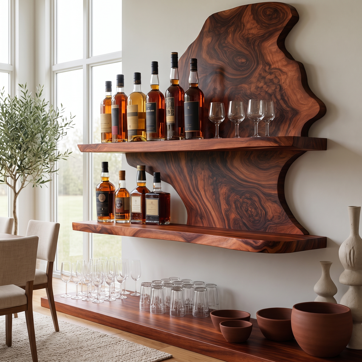 Live Edge Slab Floating Wine Shelf with Two Oversized Ledges in Mahogany finish