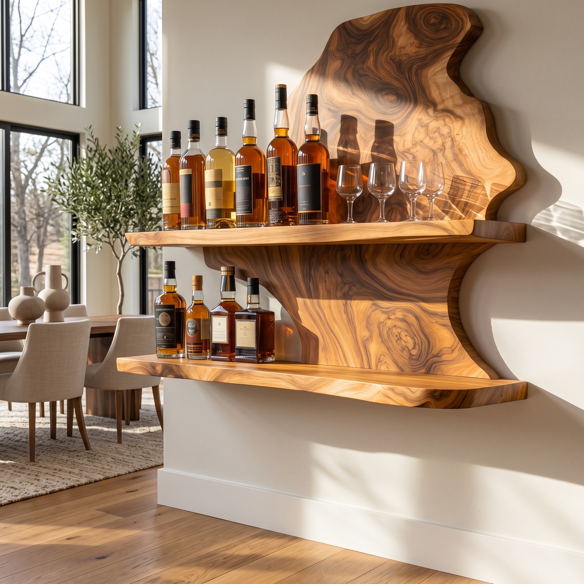 Live Edge Slab Floating Wine Shelf with Two Oversized Ledges in Teak finish